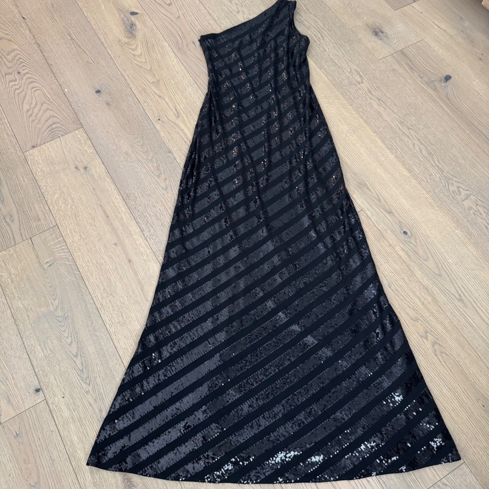 David Meister Sequin Gown Womens 8 Black One Shoulder Striped Ballgown Dress‎